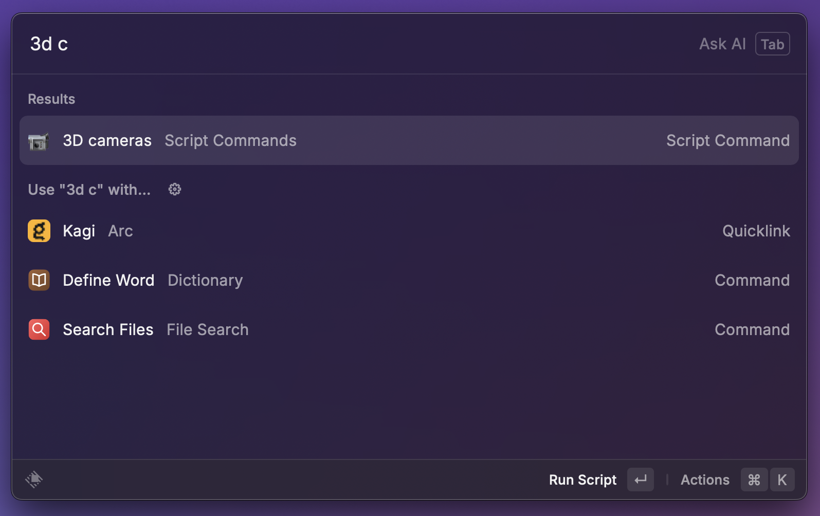Raycast “3D cameras” command shown on macOS